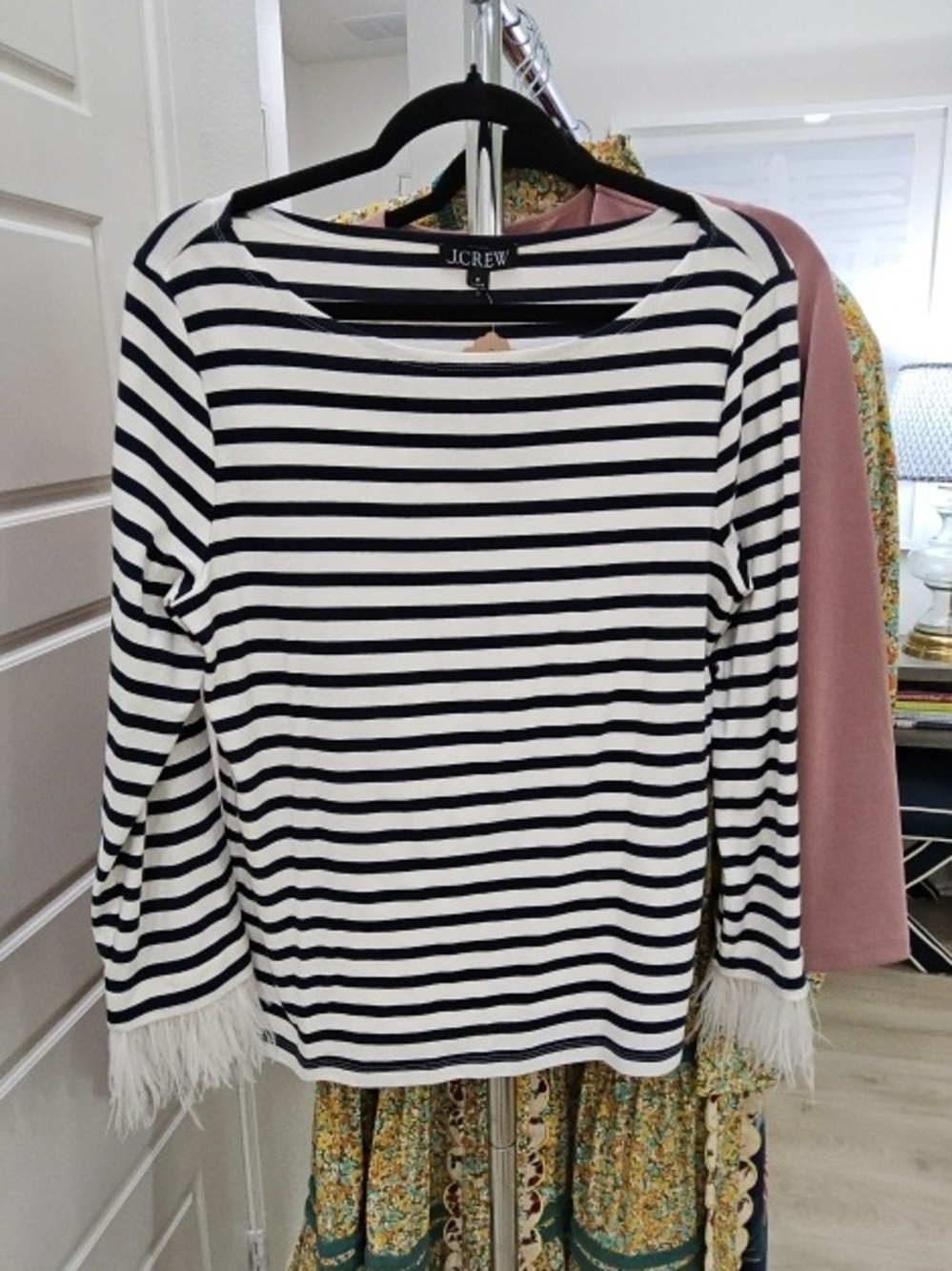 J. Crew Women’s Black and White Striped Feather Trim Top